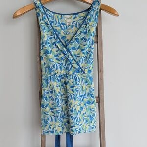 Anthropologie Viola Blue and Yellow Leaf Print Sleeveless Blouse size 12